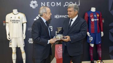 Florentino Pérez y Joan Laporta, en un acto previo a la final de la Supercopa en Arabia Saudí