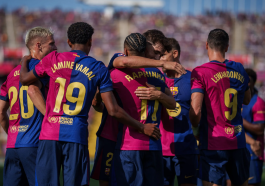 El Barça, reunido tras marcar un gol en Montjuïc