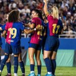 Las jugadoras del Barça Femenino celebran un gol contra el Trinity FC