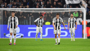 TURIN, ITALY - OCTOBER 22: Vasilije Adzic and Kenan Yildiz of Juventus react after El Bilal Toure of VfB Stuttgart (not pictured) scores his team