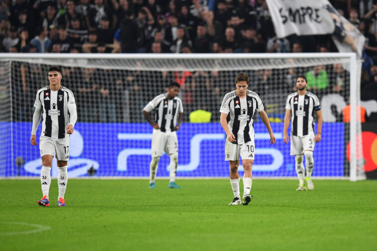 TURIN, ITALY - OCTOBER 22: Vasilije Adzic and Kenan Yildiz of Juventus react after El Bilal Toure of VfB Stuttgart (not pictured) scores his team