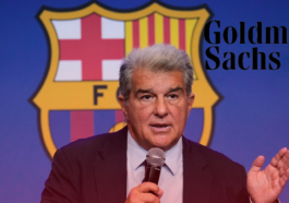 Joan Laporta, durante un acto del Barça, en un montaje con el logotipo de Goldman Sachs