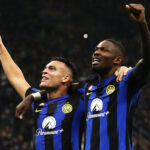 MILAN, ITALY - OCTOBER 29: Marcus Thuram of FC Internazionale celebrates with Lautaro Martinez of FC Internazionale after scoring the team