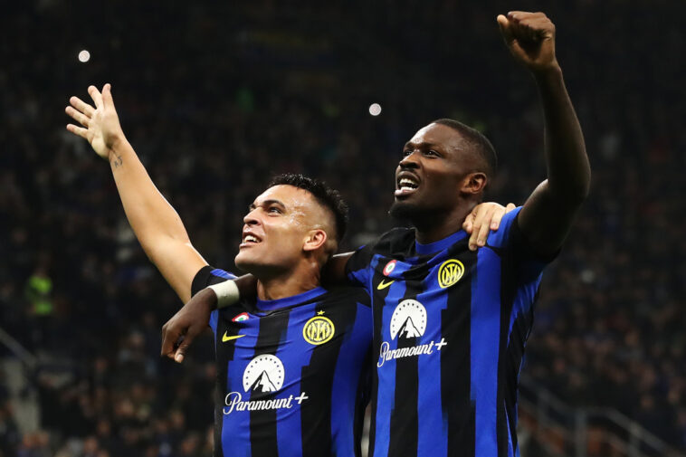 MILAN, ITALY - OCTOBER 29: Marcus Thuram of FC Internazionale celebrates with Lautaro Martinez of FC Internazionale after scoring the team