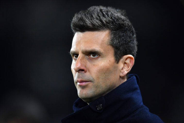 TURIN, ITALY - JANUARY 11: Thiago Motta, Head Coach of Juventus, looks on prior to the Serie A match between Torino and Juventus at Stadio Olimpico di Torino on January 11, 2025 in Turin, Italy. (Photo by Valerio Pennicino/Getty Images)