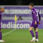 FLORENCE, ITALY - FEBRUARY 28: Robin Gosens of ACF Fiorentina celebrates after scoring a goal with Domilson Cordeiro dos Santos known as Dodo of ACF Fiorentina during the Serie A match between Fiorentina and Lecce at Stadio Artemio Franchi on February 28, 2025 in Florence, Italy. (Photo by Gabriele Maltinti/Getty Images)