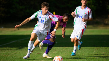 Charles Herrmann of U19 Germany challenges Filippo Pagnucco (L) of Juventus and U19 Italy during the UEFA Under-19 Football Friendly Match between U19 Germany and U19 Italy at NK Podravina Stadium on September 7, 2024 in Ludbreg, Croatia. (Photo by Jure Makovec/Getty Images for DFB)