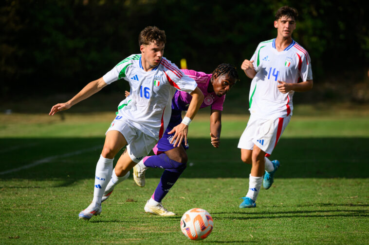 Charles Herrmann of U19 Germany challenges Filippo Pagnucco (L) of Juventus and U19 Italy during the UEFA Under-19 Football Friendly Match between U19 Germany and U19 Italy at NK Podravina Stadium on September 7, 2024 in Ludbreg, Croatia. (Photo by Jure Makovec/Getty Images for DFB)